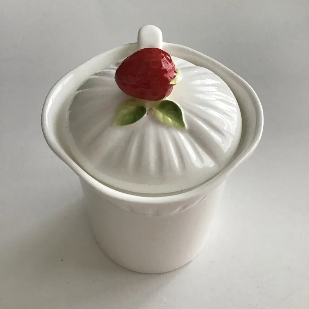 Jam Jar Bone China Covered Strawberry Marmalade Preserves Lid Spoon Vintage
